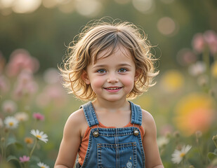 Middle Child with Windswept Hair in Sunflower Field
