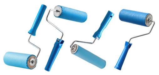 Blue paint rollers isolated on transparent background — tools for renovation, DIY home improvement and wall painting concept