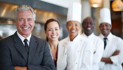 Fototapeta premium Diverse team of chefs and manager smiling in restaurant kitchen image