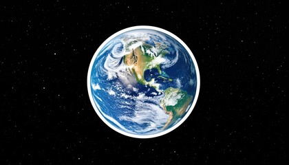 Fototapeta premium Sticker style illustration of planet Earth in outer space. Earth at center with black and white star background. Circular sticker with atmospheric light effect.