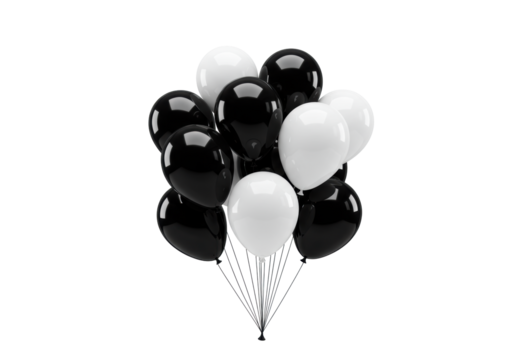 Perfectly spherical, glossy, helium-filled balloons in high-contrast black and white patterns, with slender strings, floating effortlessly against a transparent studio background with shadowless - Powered by Adobe