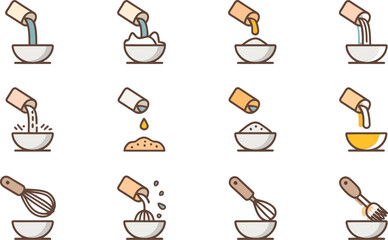 Illustration depicting baking steps including pouring, mixing, and timing with finished cakes