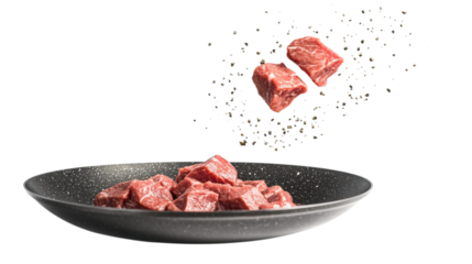 Raw Beef Cubes in a Pan Ready to Cook a Delicious Meal at Home with Herbs and Pepper