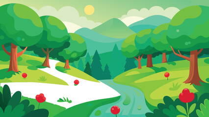 Obraz premium Cartoon Landscape with Green Trees River Mountains and Red Flowers in Spring