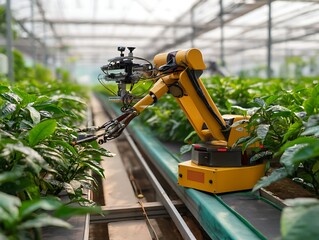 Automated Greenhouse Farming Robot Tending to Lush Green Plants in a Modern Agricultural Setting