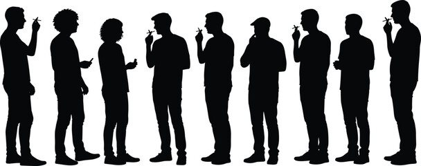 Silhouette of diverse group smoking cigarettes, health risk concept, addiction awareness, isolated on white background