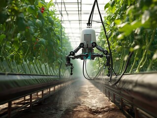 Automated Greenhouse Farming Robot Sprinkling Water on Tomato Plants