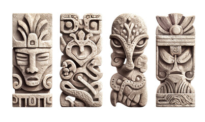 Four intricately carved stone panels, depicting stylized faces and mythical creatures