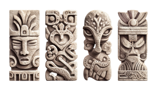 Four intricately carved stone panels, depicting stylized faces and mythical creatures