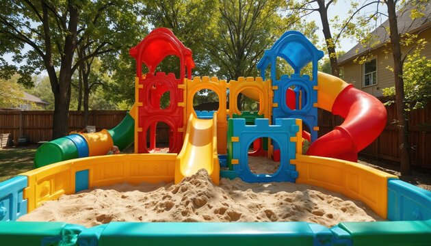 Colorful outdoor children playground with yellow slide, blue jungle gym, and blue and green sandpit. Red and yellow slide. Lush green trees, house in background. Perfect for kids outdoor play.