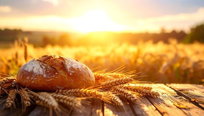 Rustic loaf of bread on wooden table amidst golden wheat field at sunset