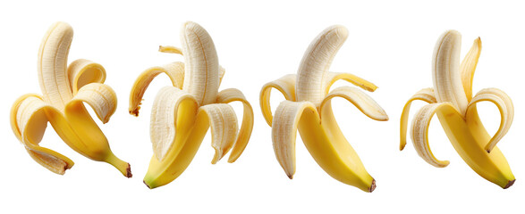 Fresh peeled bananas isolated on transparent background &mdash; fruit, snack and tropical nutrition concept