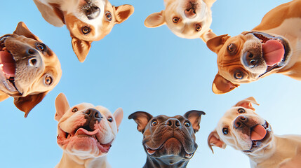 Group of curious dogs peeking down at the camera with playful expressions against the light blue sky. Funny dogs, funny animals, family pets, friend.