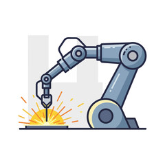 Robotic arm welding metal with sparks in a factory or industrial setting.