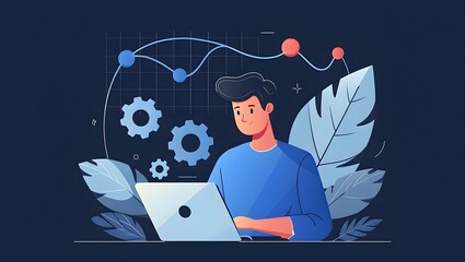 Man Working on Laptop with Data Visualization and System Icons