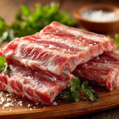 Fototapeta premium Fresh Raw Pork Ribs Seasoned with Coarse Salt and Parsley raw meat uncooked