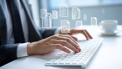 Businessman Typing on Keyboard with Building Icons Overlay - Financial Data Visualization