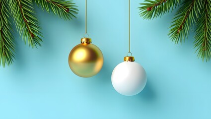 Festive Christmas Ornaments Hanging on Teal Background with Pine Branches