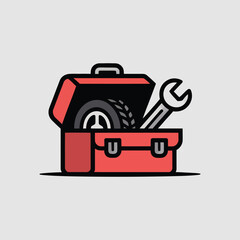 Vector art of a red toolbox with a tire and wrench is ready for roadside assistance