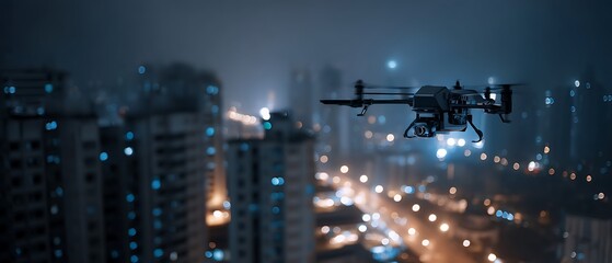 Night City Drone Flight Aerial View Modern Technology Urban Landscape