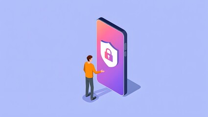 Man Interacting with Mobile Phone Security Shield - Digital Protection Concept