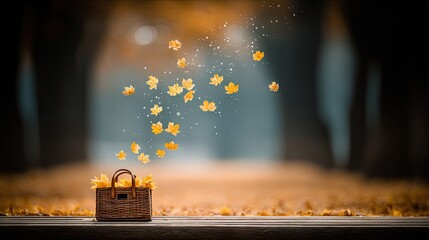 Autumn Leaves Floating From Basket in Forest