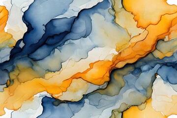 Abstract Alcohol Ink Flow Art - Blue, Orange, and Grey Tones