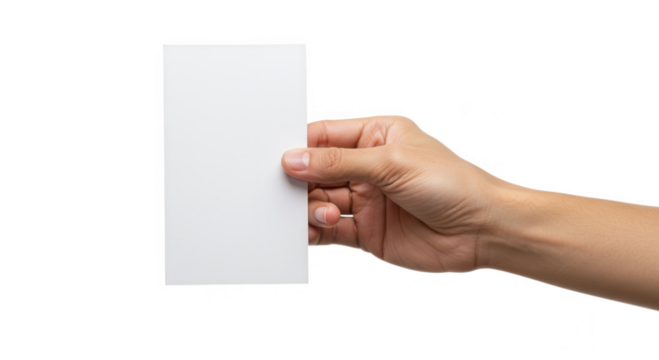 Hand holding blank paper isolated on transparent background - Powered by Adobe