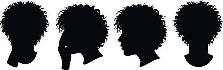 Silhouettes of curly hair from different angles, natural texture illustration, artistic hairstyle design, black graphic view