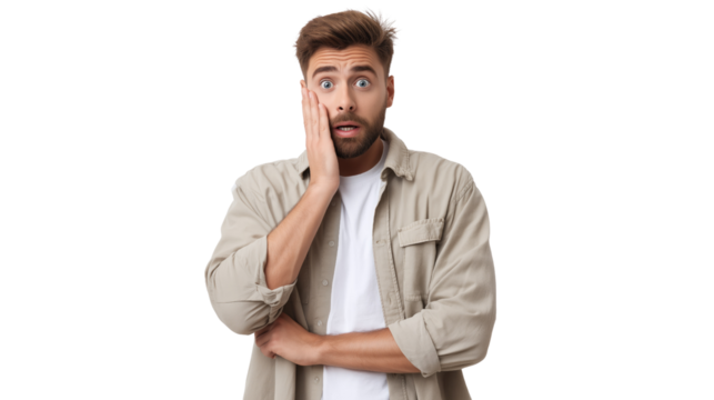 Shocked man with hand on face looking surprised — isolated emotional reaction concept - Powered by Adobe