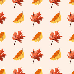 Seamless pattern of doodle Autumn leaves on an isolated background. Hand-drawn backdrop for autumn harvest celebrations, Thanksgiving, Halloween, seasonal events, textiles, and scrap booking.
