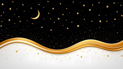 Golden Wave Landscape with Crescent Moon and Starry Night Background