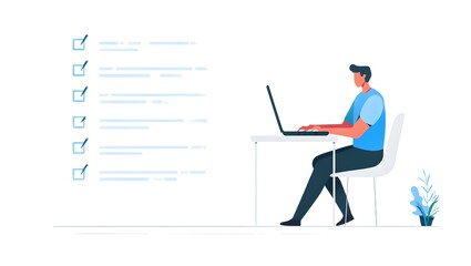 Man Working on Laptop with Task List - Flat Vector Illustration