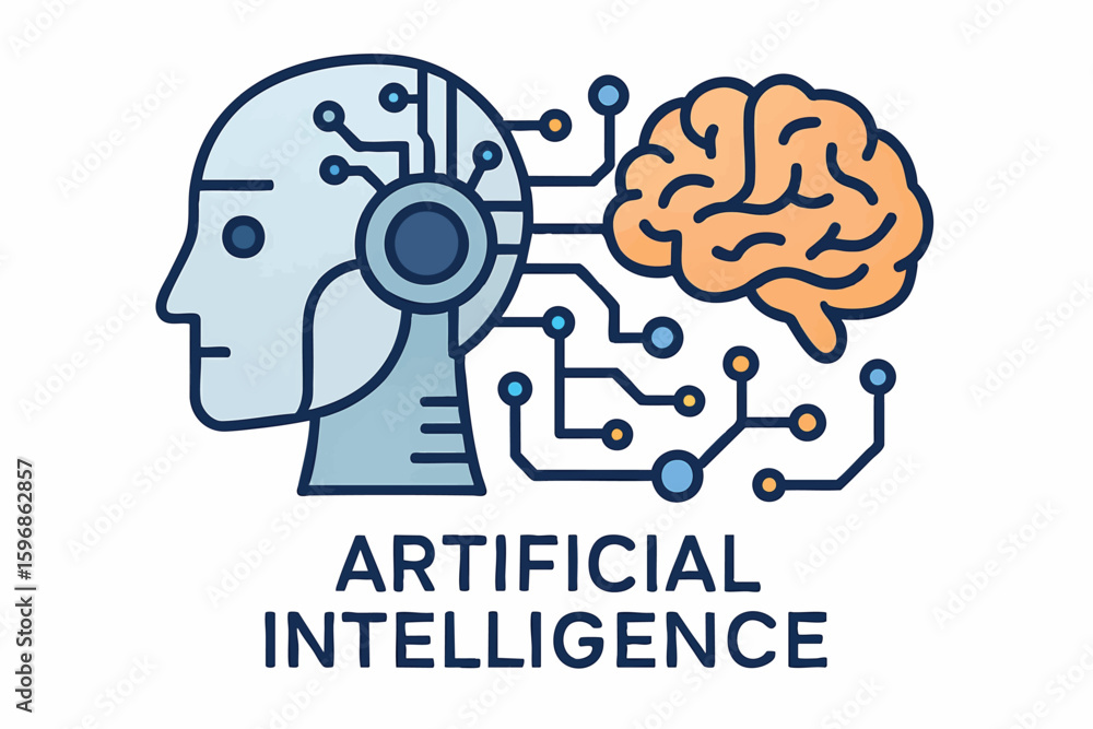 Poster flat vector concept of artificial intelligence with robot head, brain and digital connections, isola