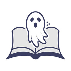 Vector art of a ghost is popping out of an open book isolated on white background