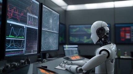Advanced Robotic System Analyzing Data on Multiple Screens  Artificial Intelligence Technology Future Innovation