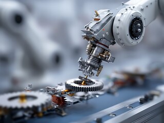 Advanced robotic arm precision engineering close up detail showcasing intricate gears and mechanisms in a high tech factory setting