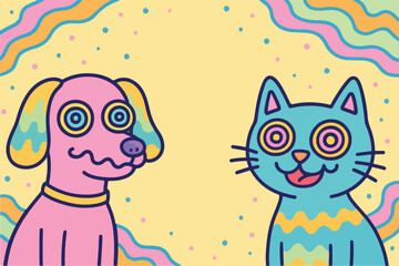 Psychedelic Cute Dog and Cat Vector Illustration, Vibrant, trippy dog and cat art. Perfect for playful designs and digital use