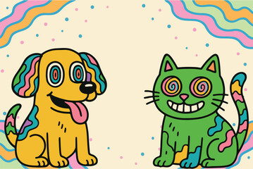 Psychedelic Cute Dog and Cat Vector Illustration, Vibrant, trippy dog and cat art. Perfect for playful designs and digital use