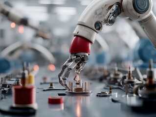 Advanced robotic arm precisely assembling intricate components in a high-tech factory setting showcasing automation and manufacturing precision.