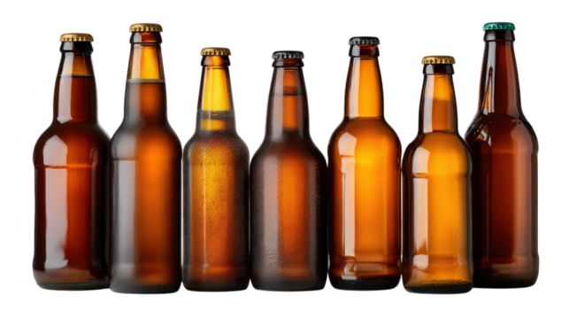 Row of Brown Glass Beer Bottles with Condensation Ready to Drink at a Summer Gathering