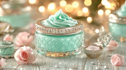 Fototapeta premium Creamy Beauty Product Displayed with Flowers on Wooden Surface