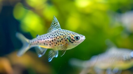 Small spotted freshwater aquarium fish swimming in green aquatic plants