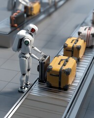 Airport Automation Robot handling luggage on conveyor belt futuristic travel technology