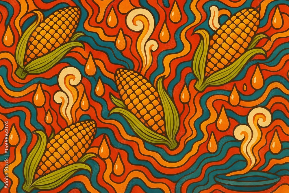 Poster psychedelic corn abstraction illustration with vivid color waves and surreal patterns. concept of ar