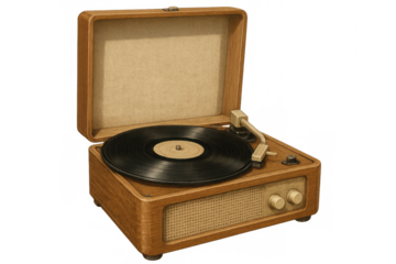 Vintage turntable playing vinyl record, displaying retro audio aesthetic with classic design against transparent backdrop