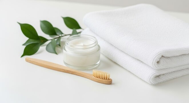 Natural skincare products with a bamboo toothbrush and fresh leaves