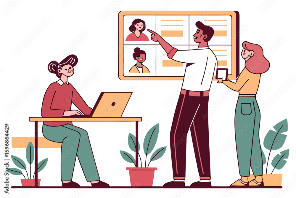 Poster people collaborating on a video conference with one person pointing at the screen display panel crea