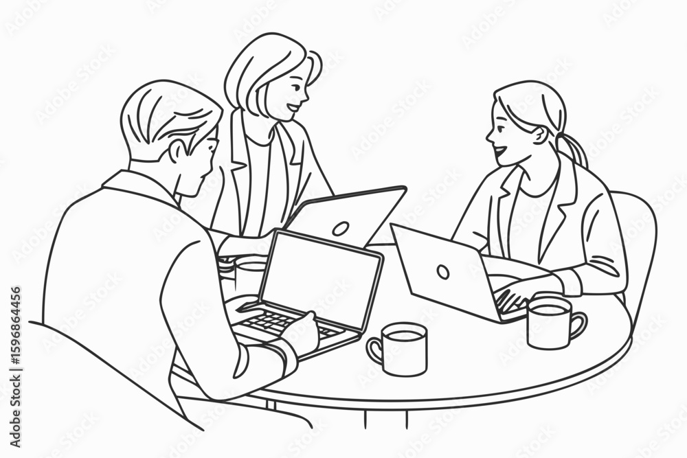 Poster three business professionals collaborating around a table with laptops and coffee mugs in a meeting 