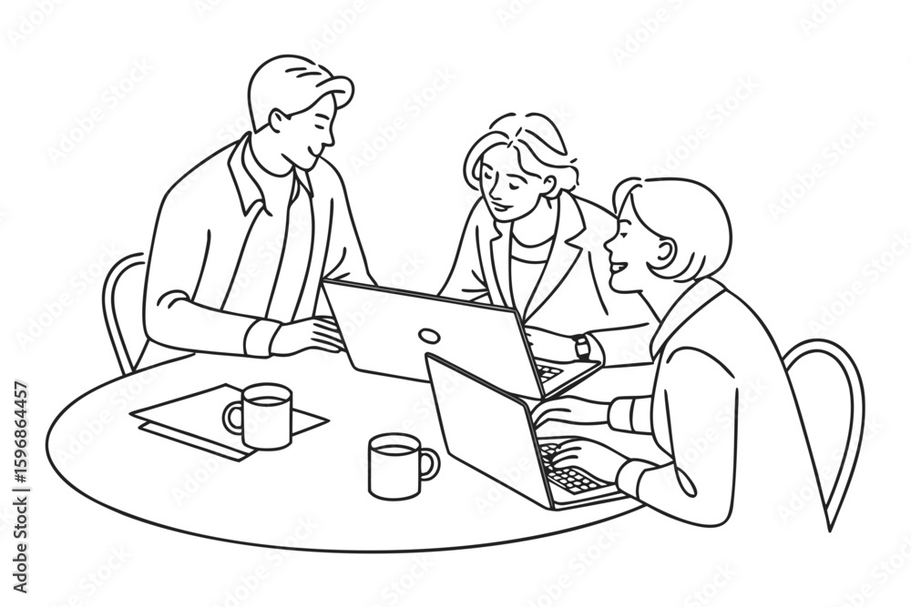 Poster group of three colleagues collaborating on laptops around a round table in a meeting room setting cr